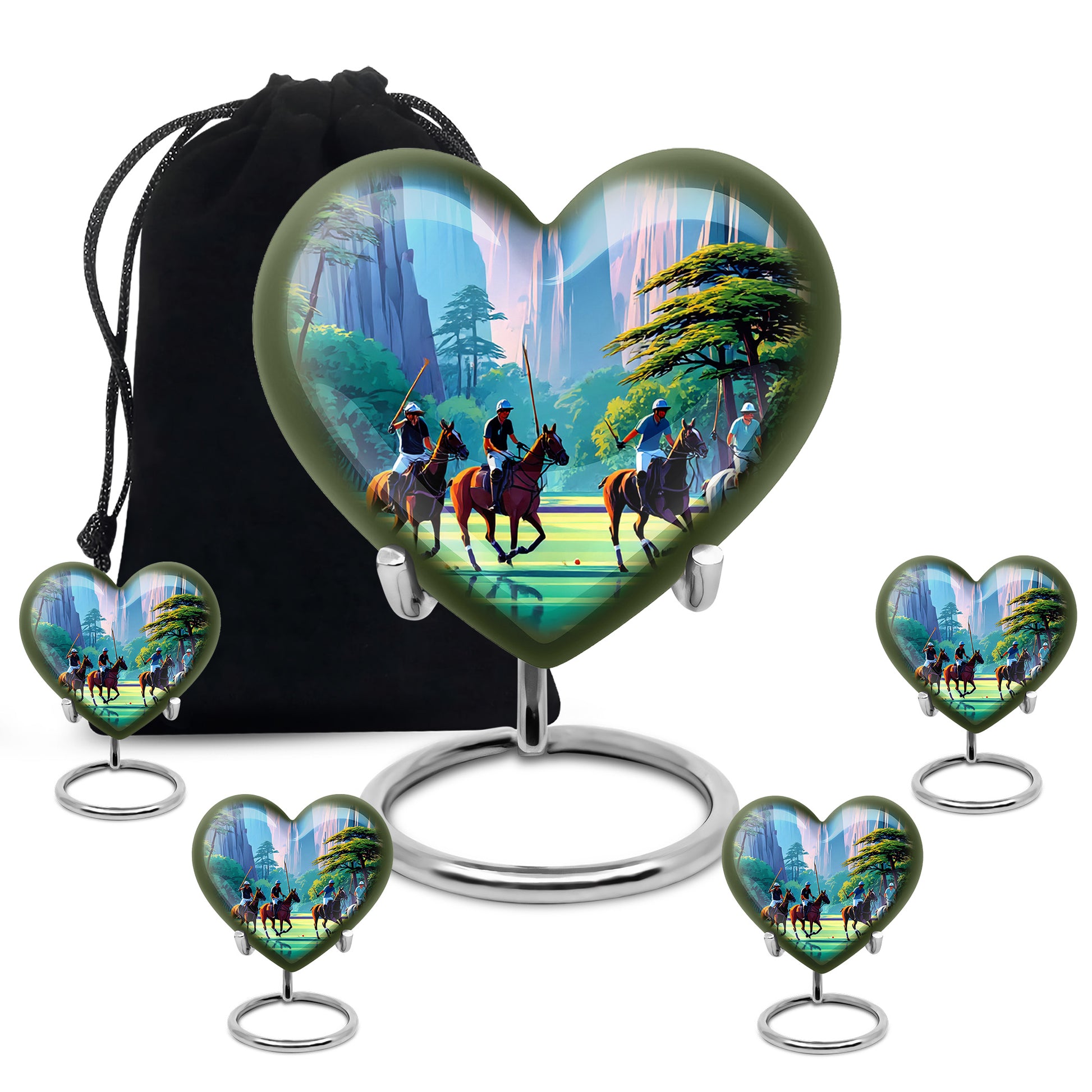 Pastel Blue Horse Polo Cremation Urn close-up of engraving and surface detail - loving heart memorial featuring horse polo pattern - memorial set with one large and four small urns