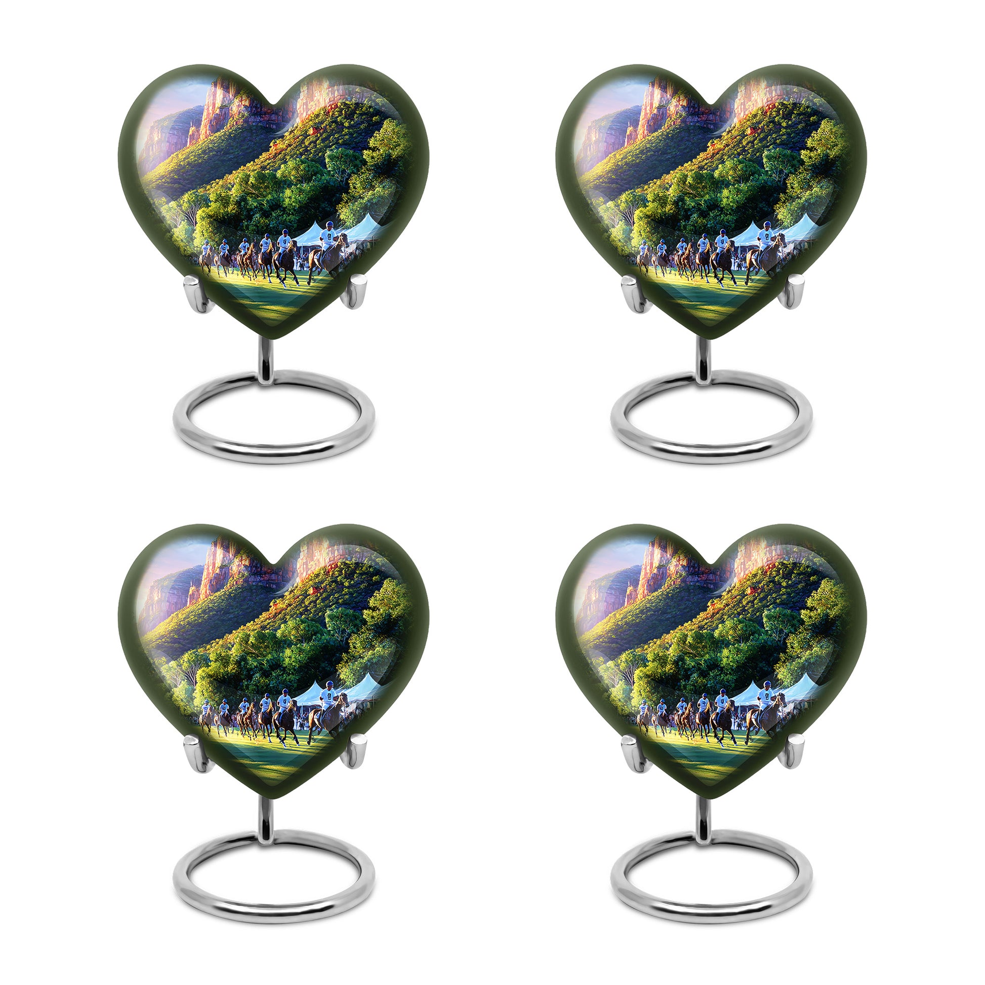 Lavender Purple Horse Polo Cremation Urn angled view of lid and engraved motif - romantic heart urn with horse polo motif on aluminum - 10 inch aluminum urn for cremated remains