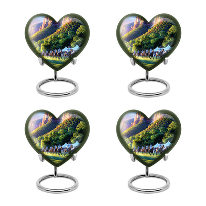 Lavender Purple Horse Polo Cremation Urn angled view of lid and engraved motif - romantic heart urn with horse polo motif on aluminum - 10 inch aluminum urn for cremated remains