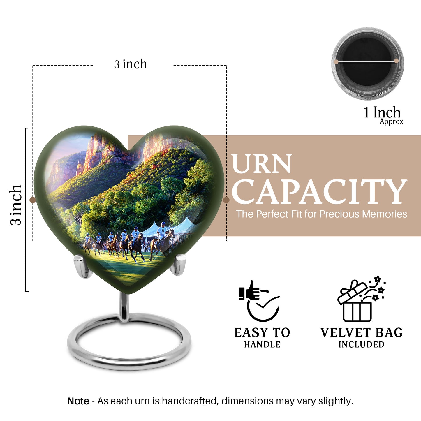 Plum Purple Horse Polo Cremation Urn front view showing detailed design - heart-shaped horse polo design symbolizing eternal love - mini keepsake memorial for portion of cremation ashes