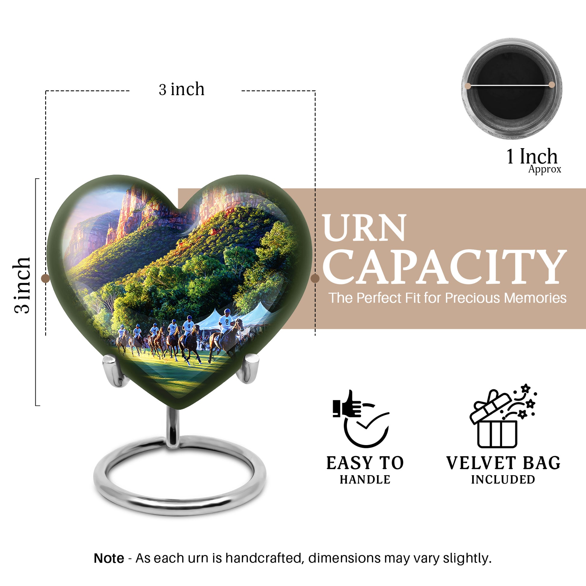 Plum Purple Horse Polo Cremation Urn front view showing detailed design - heart-shaped horse polo design symbolizing eternal love - mini keepsake memorial for portion of cremation ashes