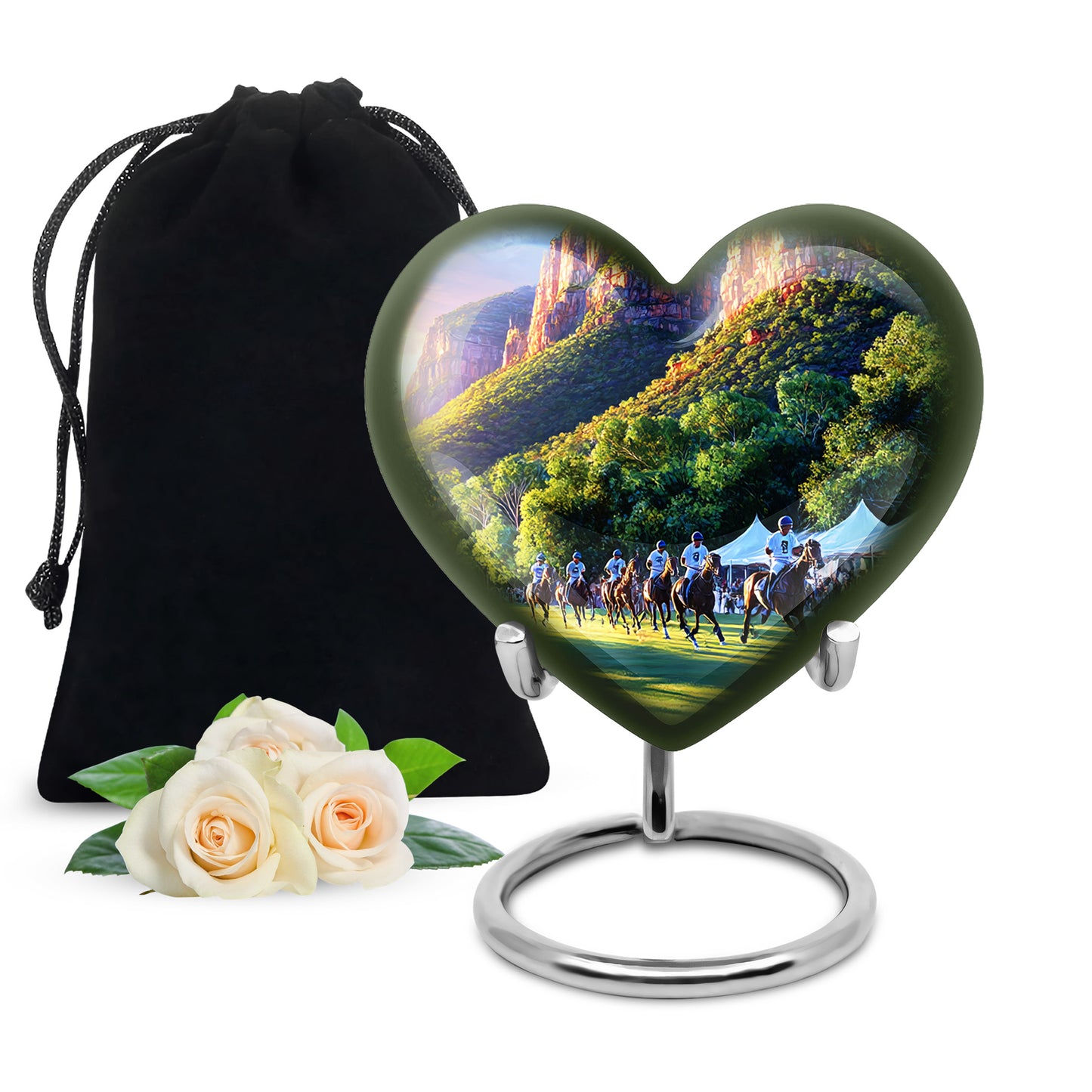 Plum Purple Horse Polo Cremation Urn detail view - loving heart memorial featuring horse polo pattern - full-size 10 inch 200 cubic inch adult cremation urn