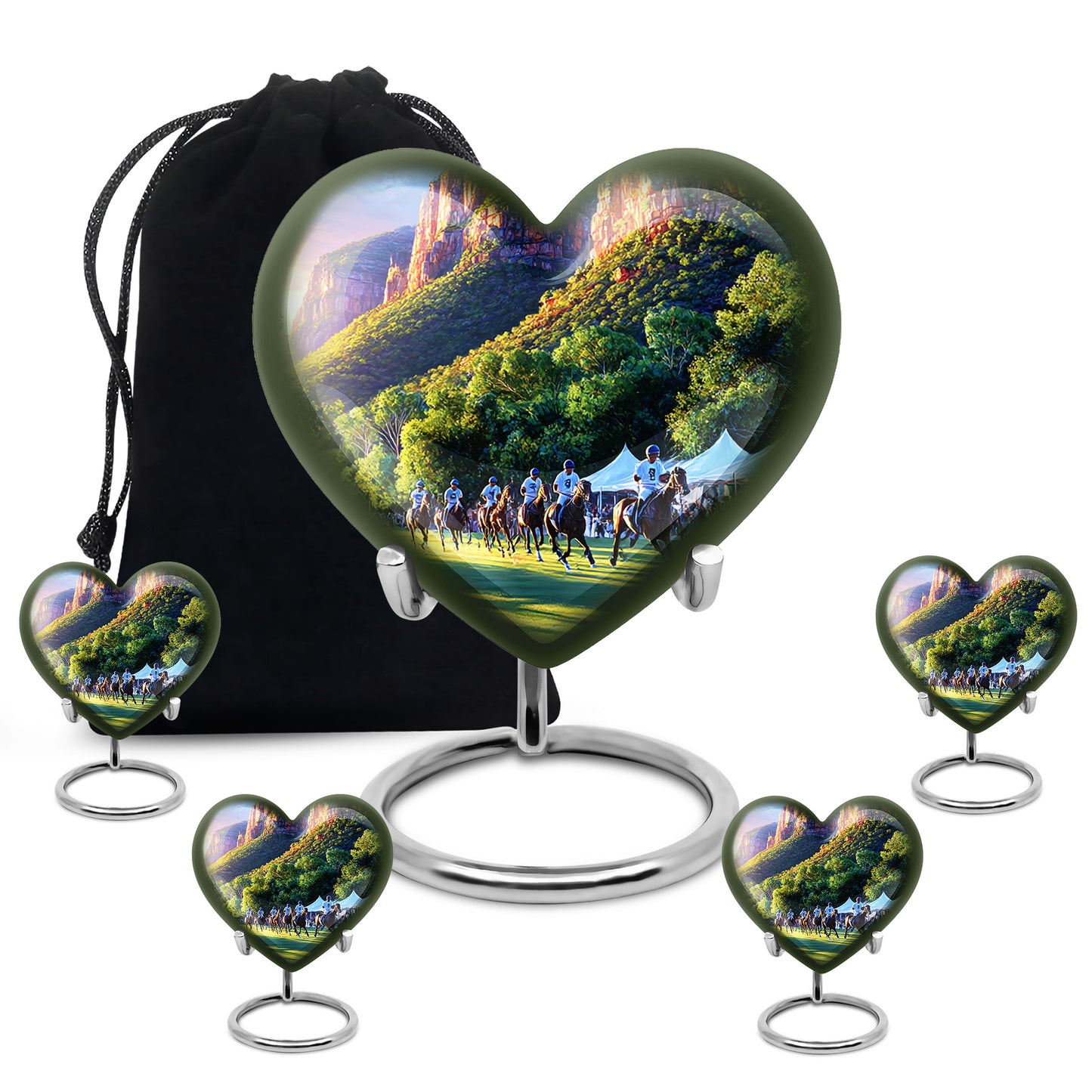 Royal Purple Horse Polo Cremation Urn close-up of engraving and surface detail - romantic heart urn with horse polo motif on aluminum - memorial set with one large and four small urns