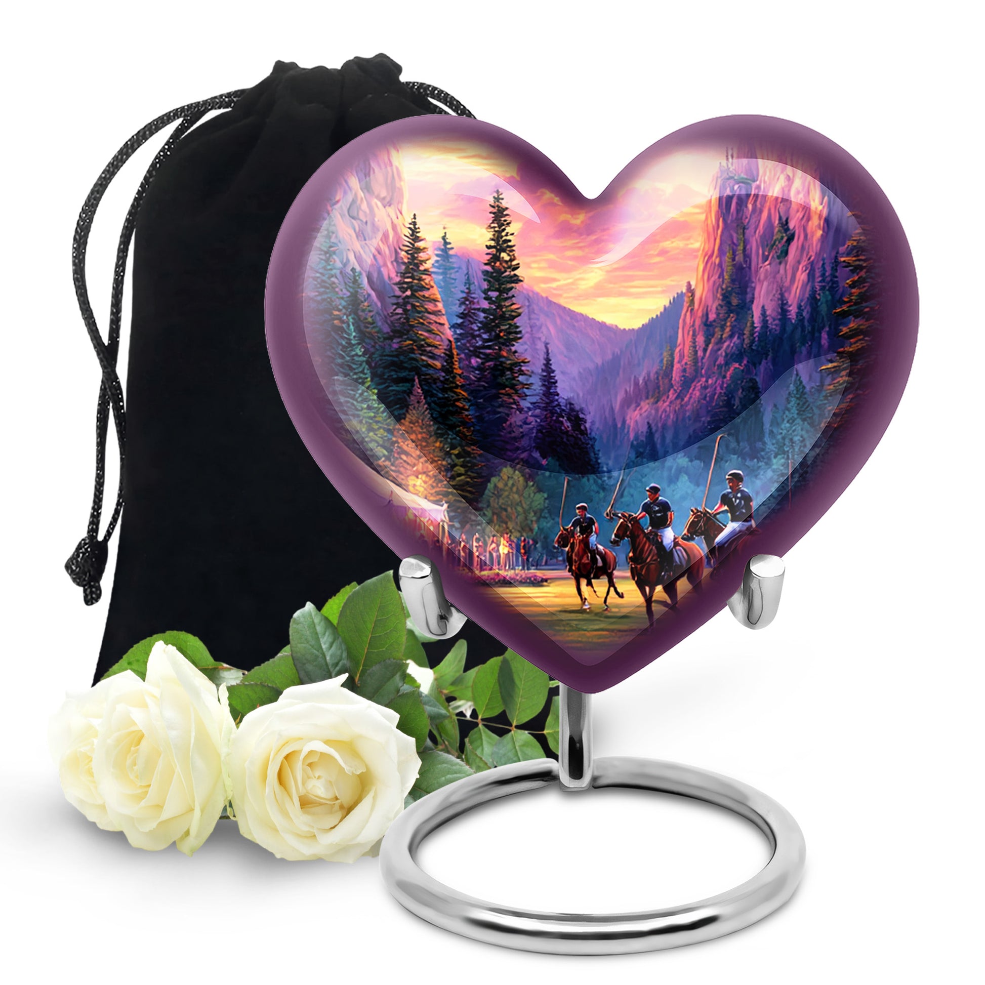 Warm Gold Horse Polo Cremation Urn detail view - romantic heart urn with horse polo motif on aluminum - full-size 10 inch 200 cubic inch adult cremation urn