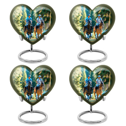 Olive Green Horse Polo Cremation Urn angled view of lid and engraved motif - compassionate heart-horse polo combination with gentle curves - 10 inch aluminum urn for cremated remains