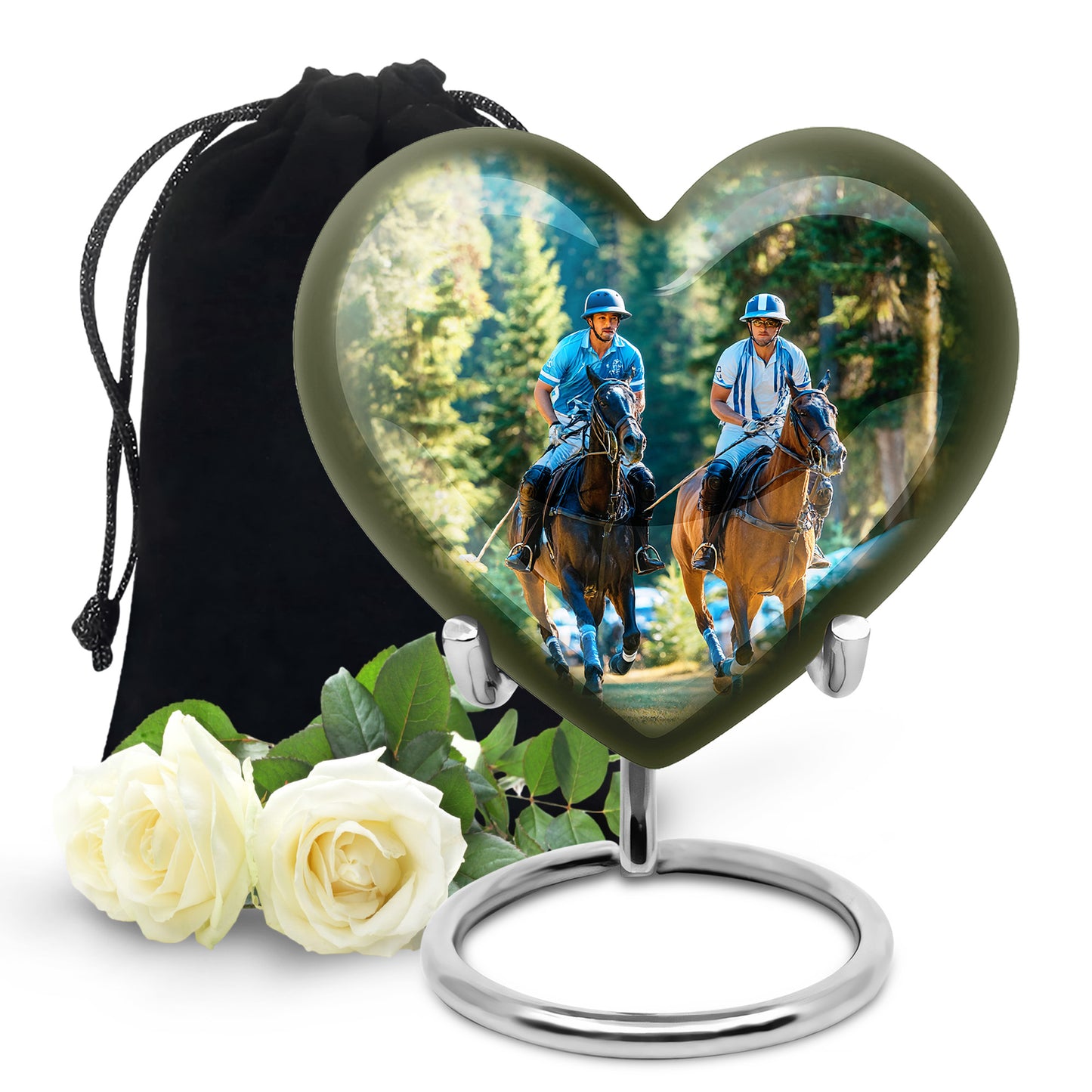 Emerald Green Horse Polo Cremation Urn detail view - loving heart memorial featuring horse polo pattern - full-size 10 inch 200 cubic inch adult cremation urn