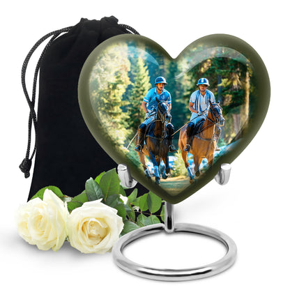 Emerald Green Horse Polo Cremation Urn detail view - loving heart memorial featuring horse polo pattern - full-size 10 inch 200 cubic inch adult cremation urn