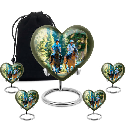 Sage Green Horse Polo Cremation Urn close-up of engraving and surface detail - loving heart memorial featuring horse polo pattern - memorial set with one large and four small urns