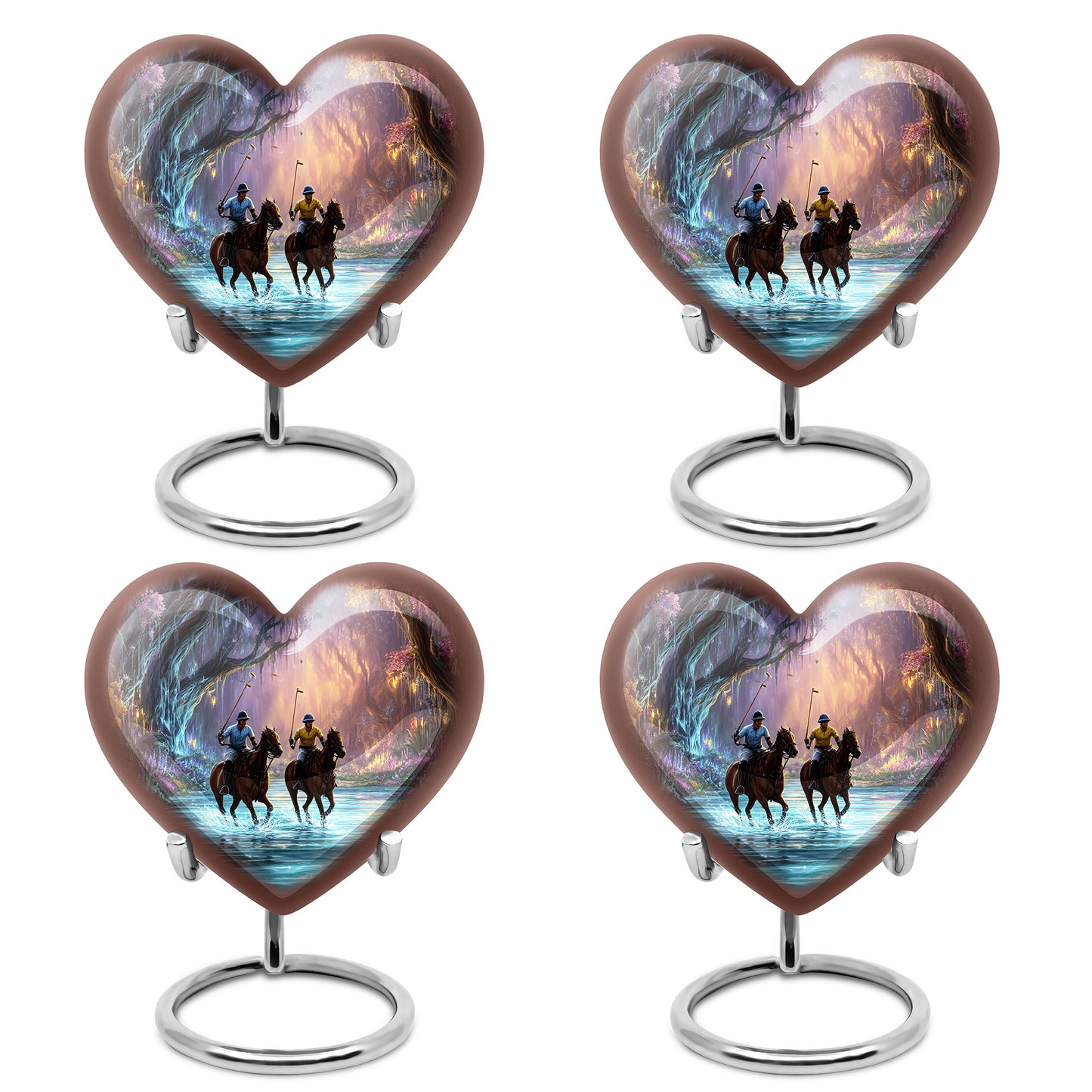 Rich Black Horse Polo Cremation Urn angled view of lid and engraved motif - loving heart memorial featuring horse polo pattern - 10 inch aluminum urn for cremated remains