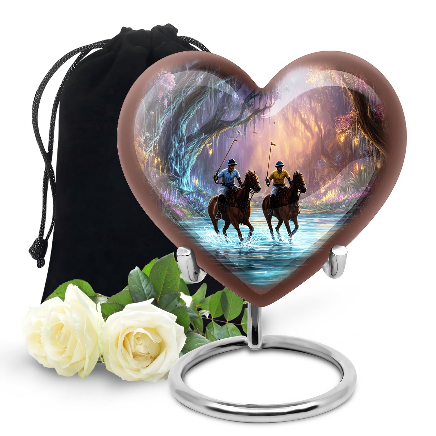 Ebony Horse Polo Cremation Urn detail view - heart-shaped horse polo design symbolizing eternal love - full-size 10 inch 200 cubic inch adult cremation urn