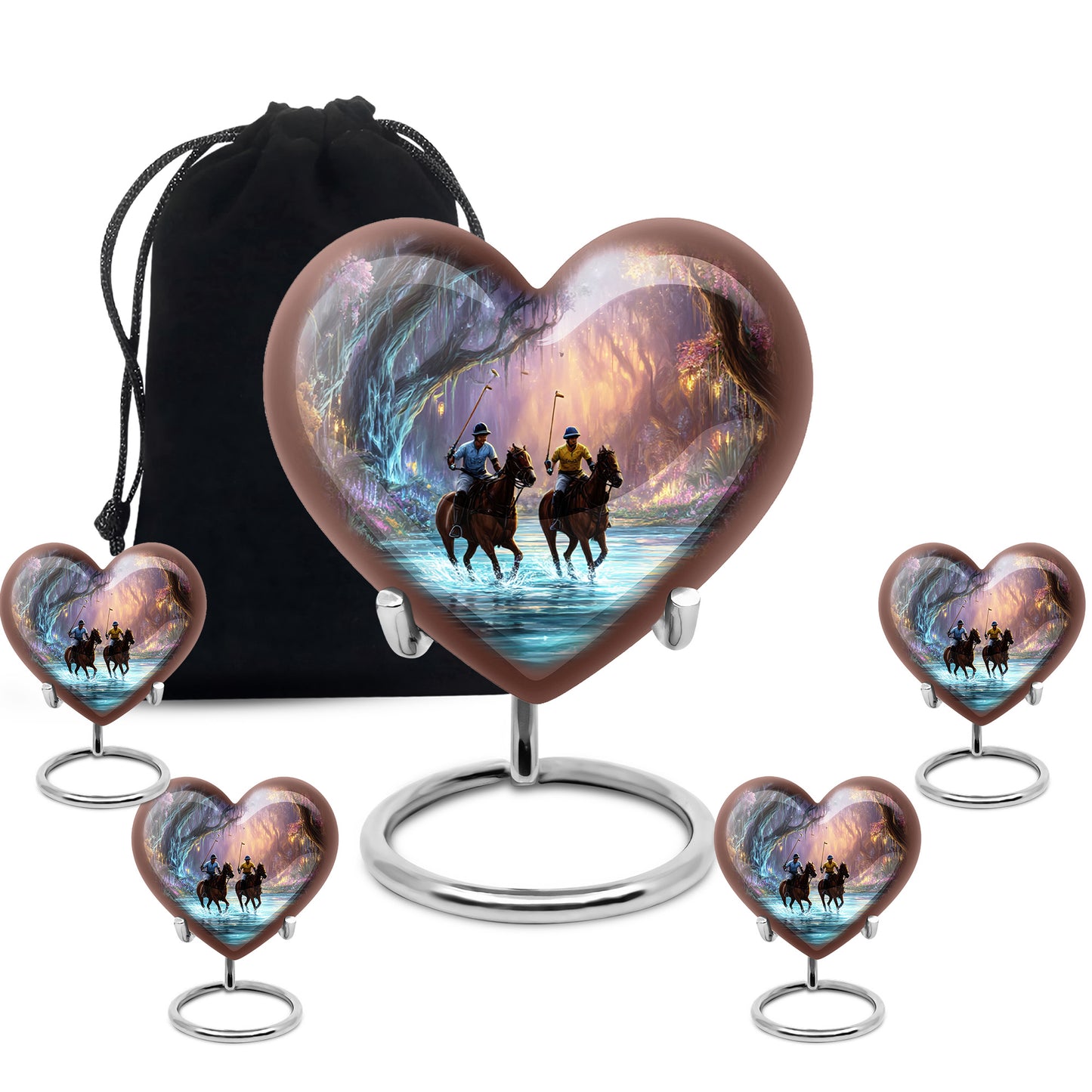 Onyx Black Horse Polo Cremation Urn close-up of engraving and surface detail - romantic heart urn with horse polo motif on aluminum - memorial set with one large and four small urns
