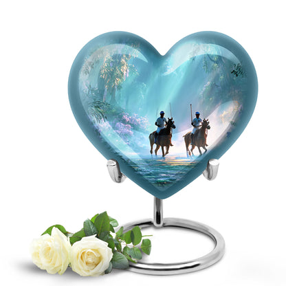Teal Serene Horse Polo Memorial Urn for Ashes - 10-inch, 200 cu in - Yatskia