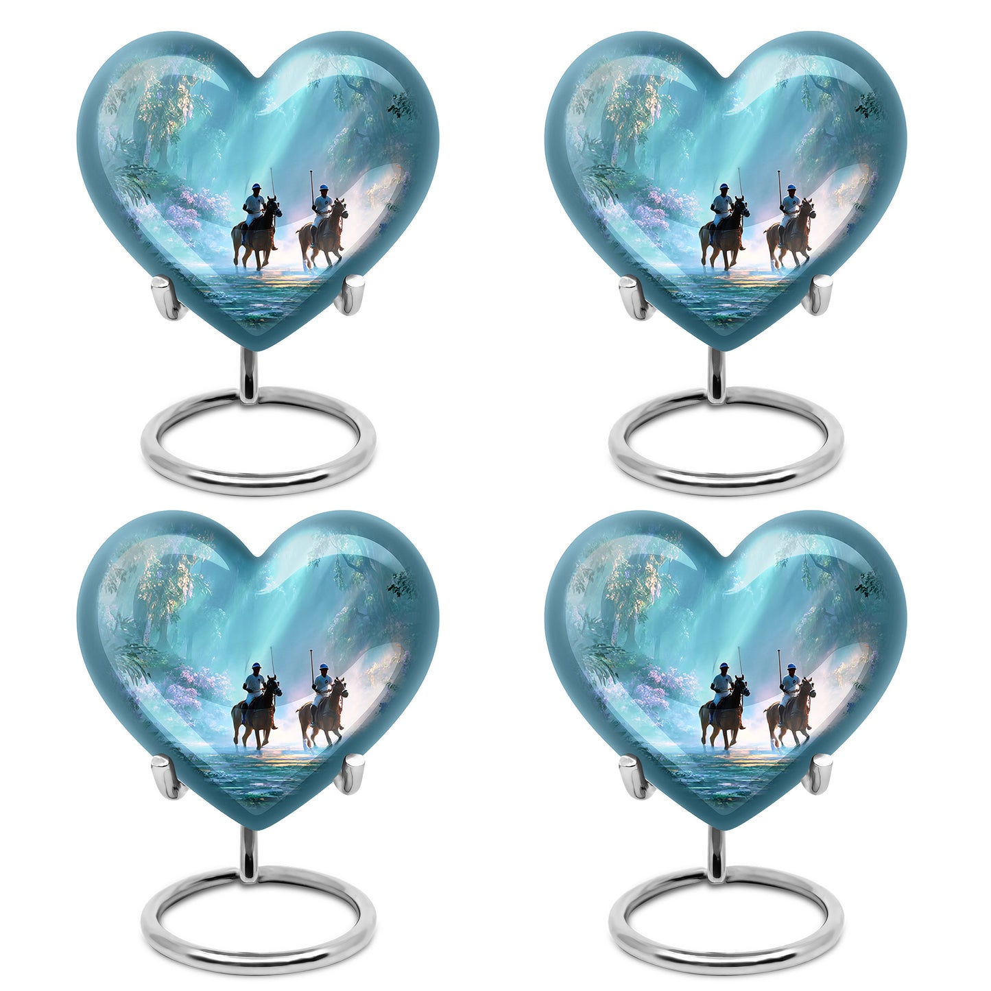 Mystic Teal Horse Polo Cremation Urn angled view of lid and engraved motif - romantic heart urn with horse polo motif on aluminum - 10 inch aluminum urn for cremated remains
