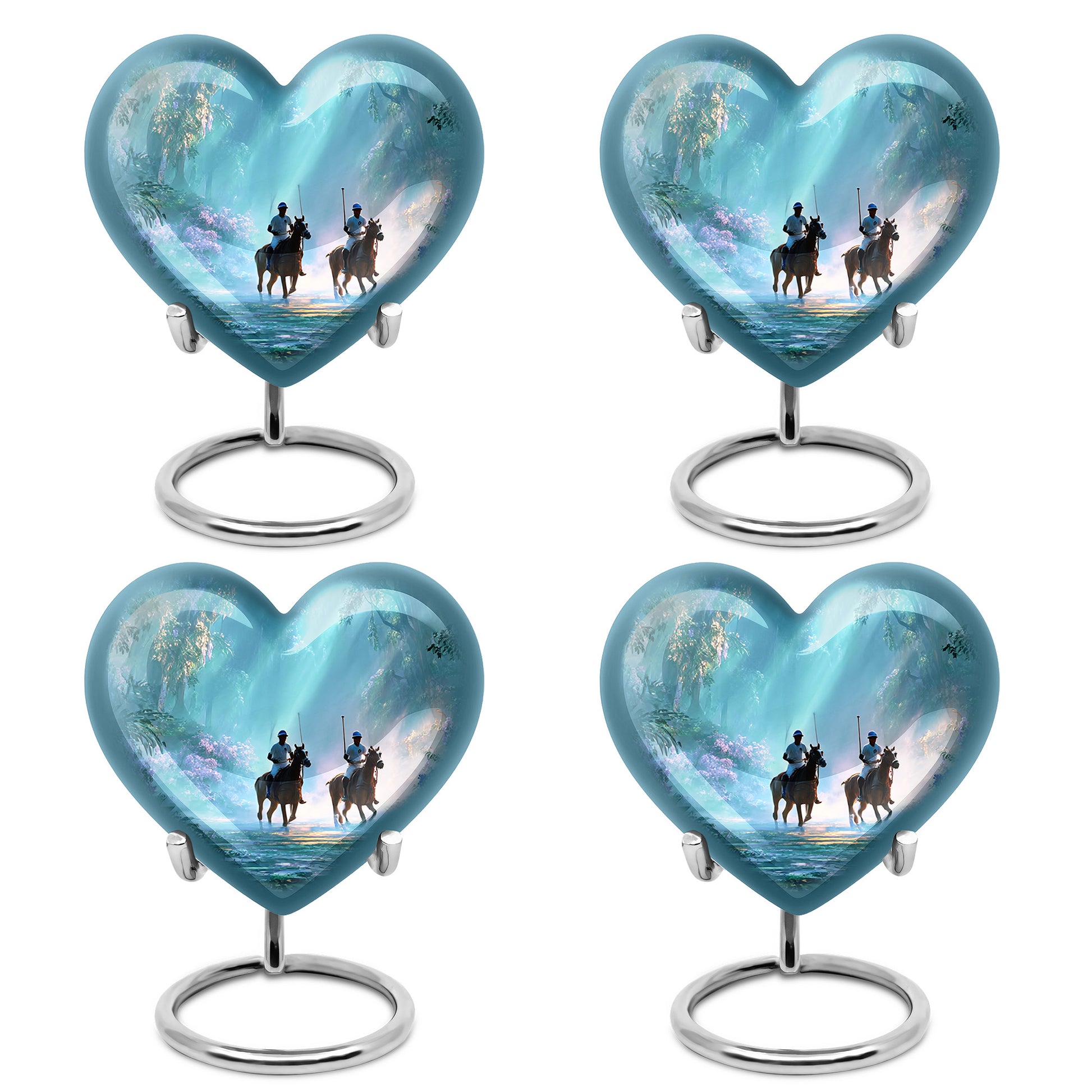 Mystic Teal Horse Polo Cremation Urn angled view of lid and engraved motif - romantic heart urn with horse polo motif on aluminum - 10 inch aluminum urn for cremated remains