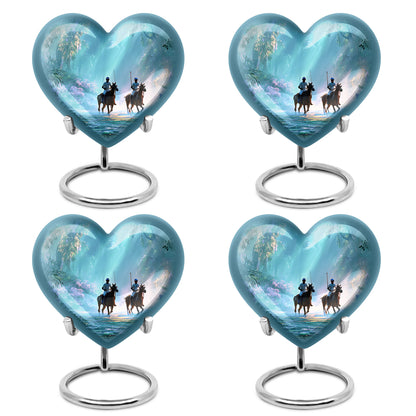 Mystic Teal Horse Polo Cremation Urn angled view of lid and engraved motif - romantic heart urn with horse polo motif on aluminum - 10 inch aluminum urn for cremated remains