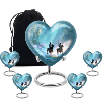 Aqua Teal Horse Polo Cremation Urn close-up of engraving and surface detail - compassionate heart-horse polo combination with gentle curves - memorial set with one large and four small urns