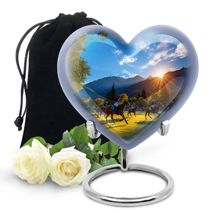 Azure Horse Polo Cremation Urn detail view - loving heart memorial featuring horse polo pattern - full-size 10 inch 200 cubic inch adult cremation urn