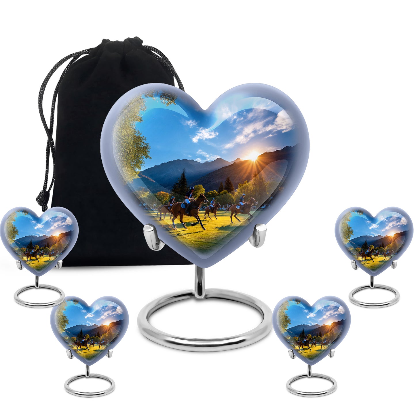 Calming Blue Horse Polo Cremation Urn close-up of engraving and surface detail - compassionate heart-horse polo combination with gentle curves - memorial set with one large and four small urns