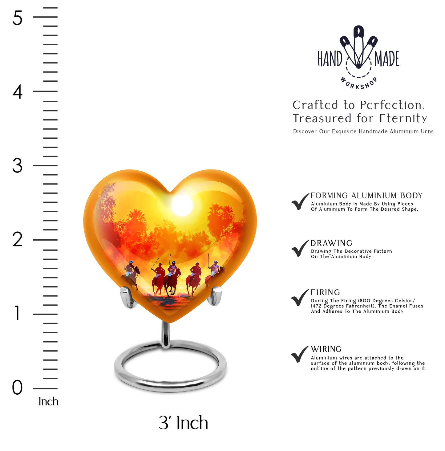 Warm Gold Horse Polo Cremation Urn front view showing detailed design - compassionate heart-horse polo combination with gentle curves - mini keepsake memorial for portion of cremation ashes