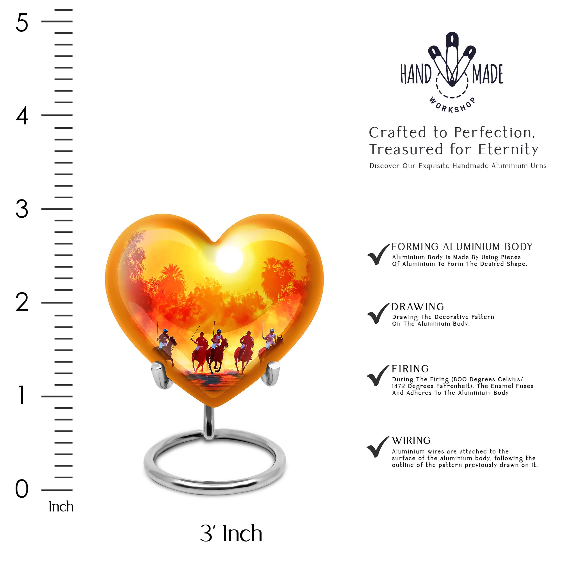 Warm Gold Horse Polo Cremation Urn front view showing detailed design - compassionate heart-horse polo combination with gentle curves - mini keepsake memorial for portion of cremation ashes