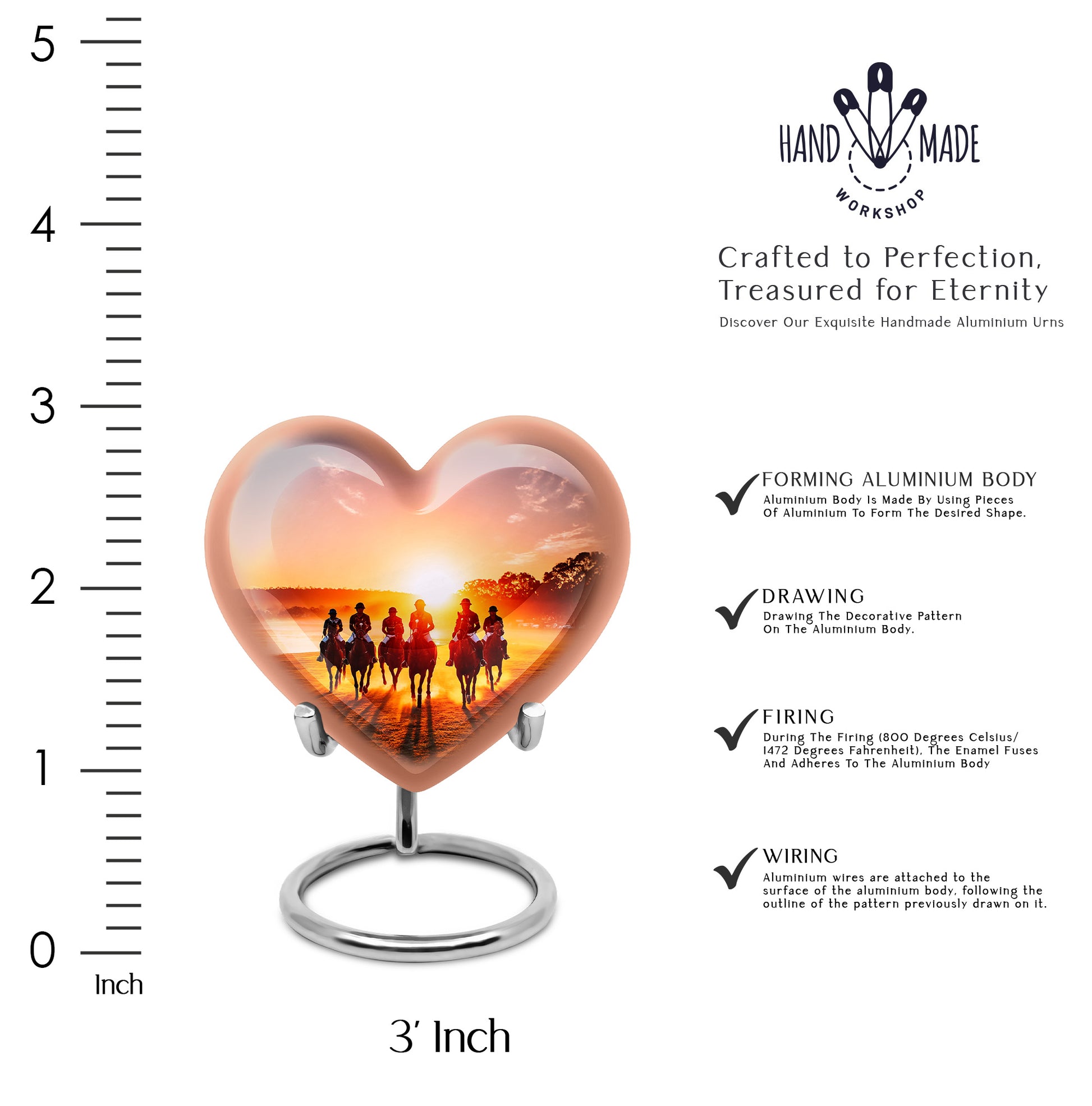 Ebony Horse Polo Cremation Urn front view showing detailed design - loving heart memorial featuring horse polo pattern - mini keepsake memorial for portion of cremation ashes