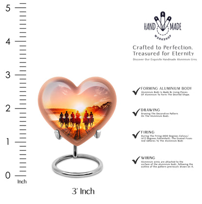 Ebony Horse Polo Cremation Urn front view showing detailed design - loving heart memorial featuring horse polo pattern - mini keepsake memorial for portion of cremation ashes