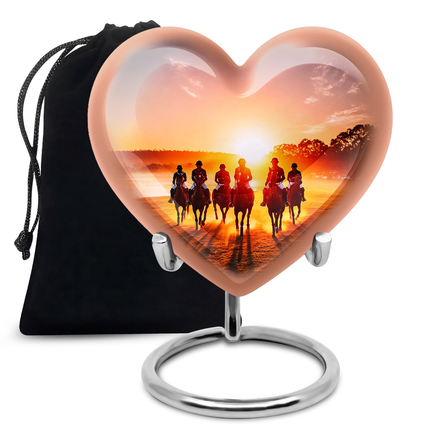 Jet Black Horse Polo Cremation Urn detail view - heart-shaped horse polo design symbolizing eternal love - full-size 10 inch 200 cubic inch adult cremation urn