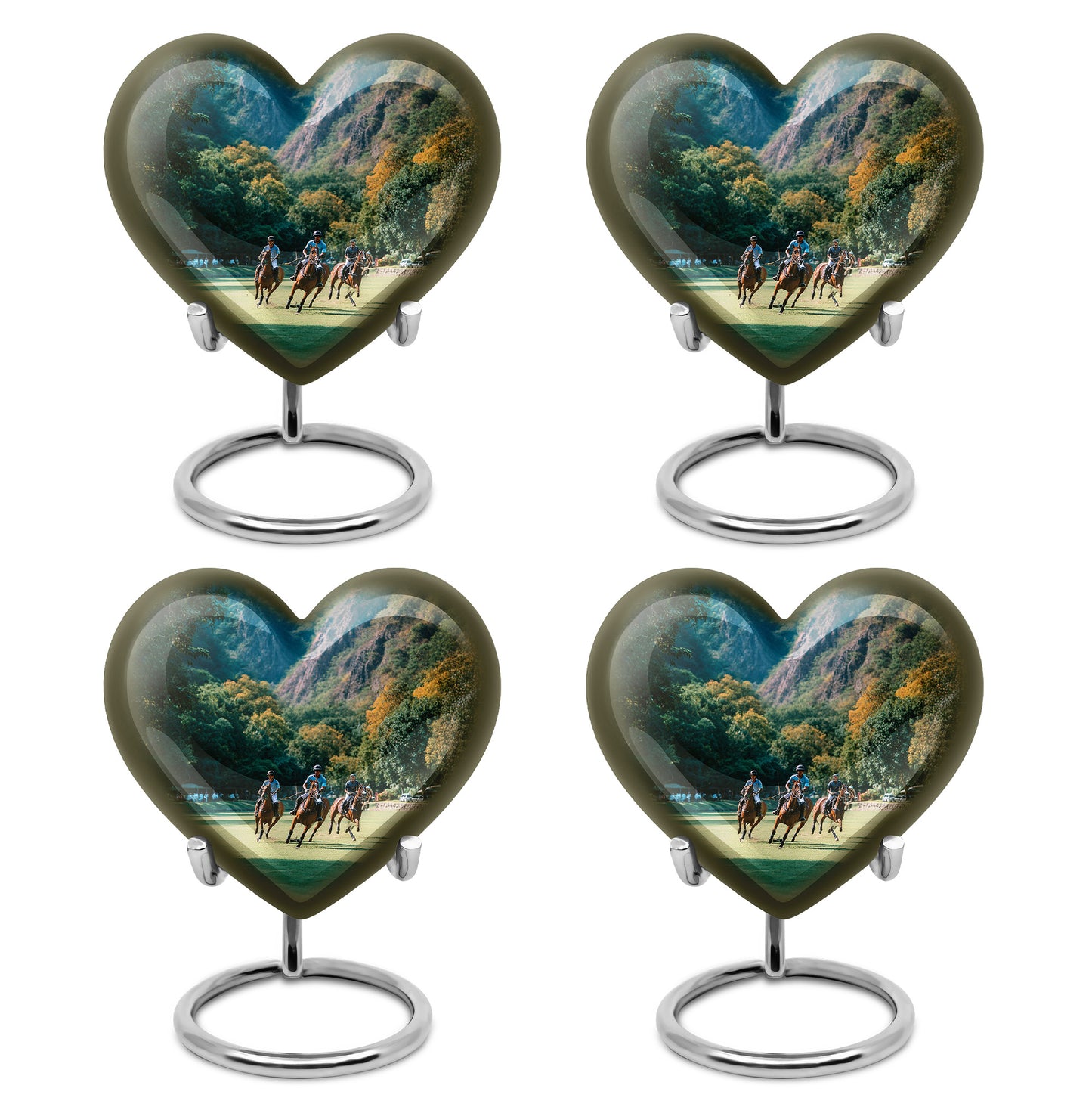 Ocean Teal Horse Polo Cremation Urn angled view of lid and engraved motif - loving heart memorial featuring horse polo pattern - 10 inch aluminum urn for cremated remains