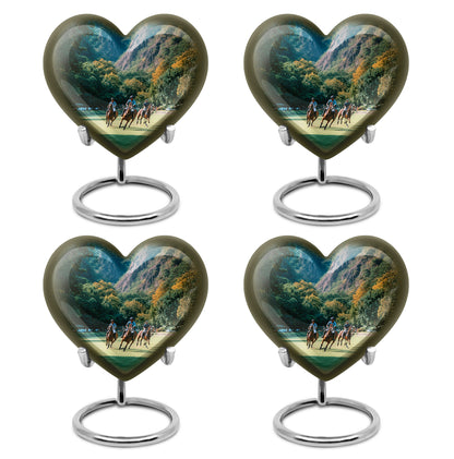 Ocean Teal Horse Polo Cremation Urn angled view of lid and engraved motif - loving heart memorial featuring horse polo pattern - 10 inch aluminum urn for cremated remains