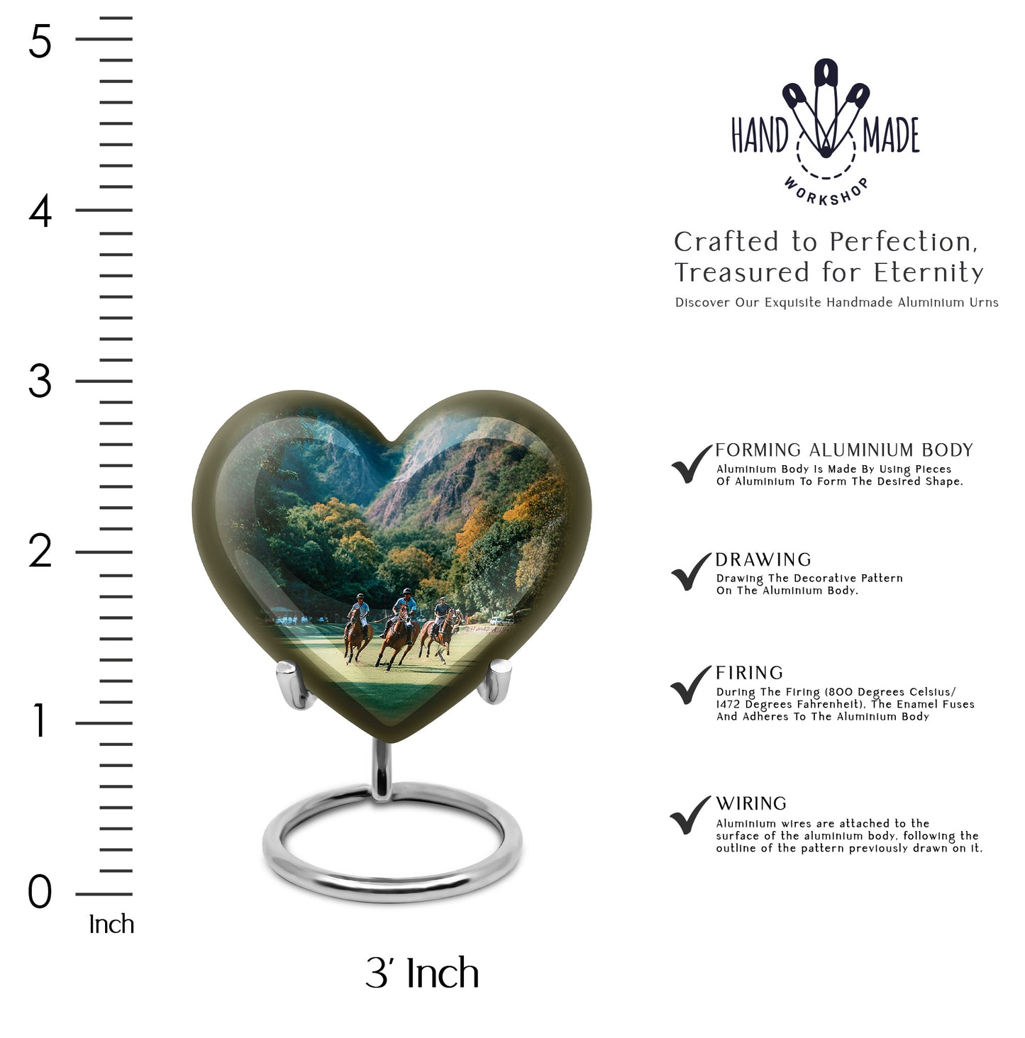 Tropical Teal Horse Polo Cremation Urn front view showing detailed design - compassionate heart-horse polo combination with gentle curves - mini keepsake memorial for portion of cremation ashes