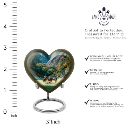 Tropical Teal Horse Polo Cremation Urn front view showing detailed design - compassionate heart-horse polo combination with gentle curves - mini keepsake memorial for portion of cremation ashes