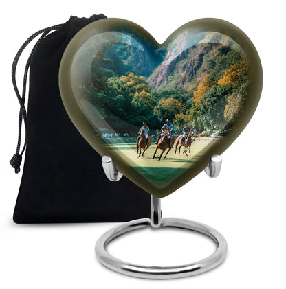 Deep Teal Horse Polo Cremation Urn detail view - compassionate heart-horse polo combination with gentle curves - full-size 10 inch 200 cubic inch adult cremation urn