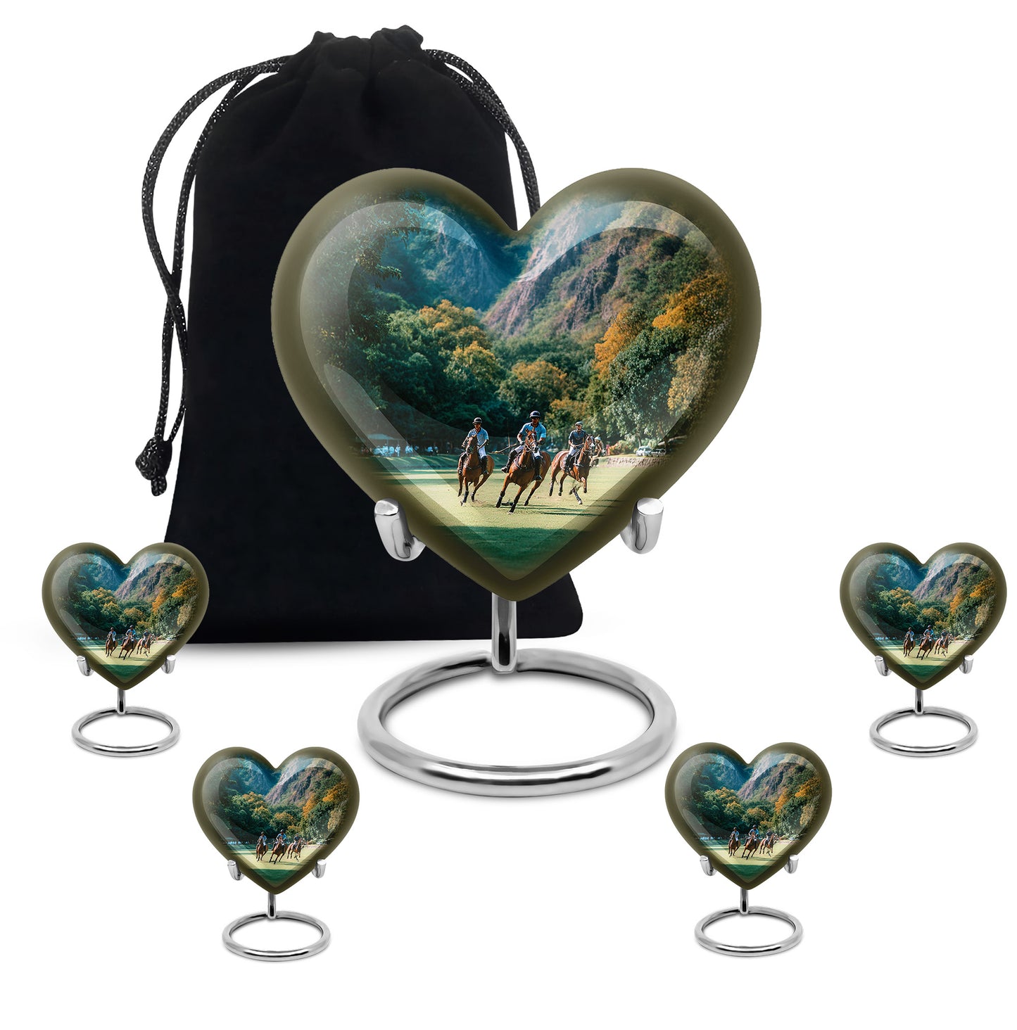 Soft Teal Horse Polo Cremation Urn close-up of engraving and surface detail - heart-shaped horse polo design symbolizing eternal love - memorial set with one large and four small urns