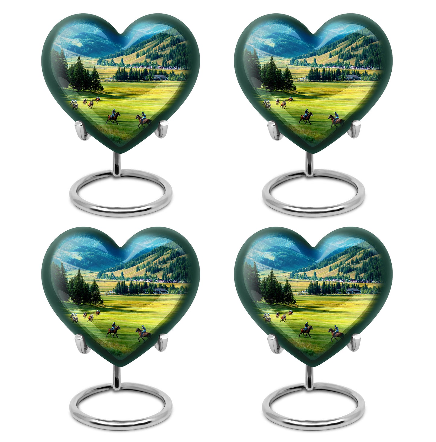 Calming Blue Horse Polo Cremation Urn angled view of lid and engraved motif - romantic heart urn with horse polo motif on aluminum - 10 inch aluminum urn for cremated remains