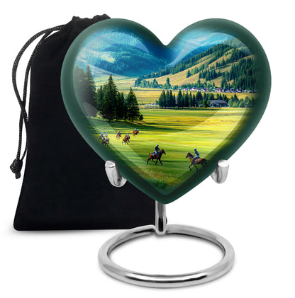 Pastel Blue Horse Polo Cremation Urn detail view - loving heart memorial featuring horse polo pattern - full-size 10 inch 200 cubic inch adult cremation urn