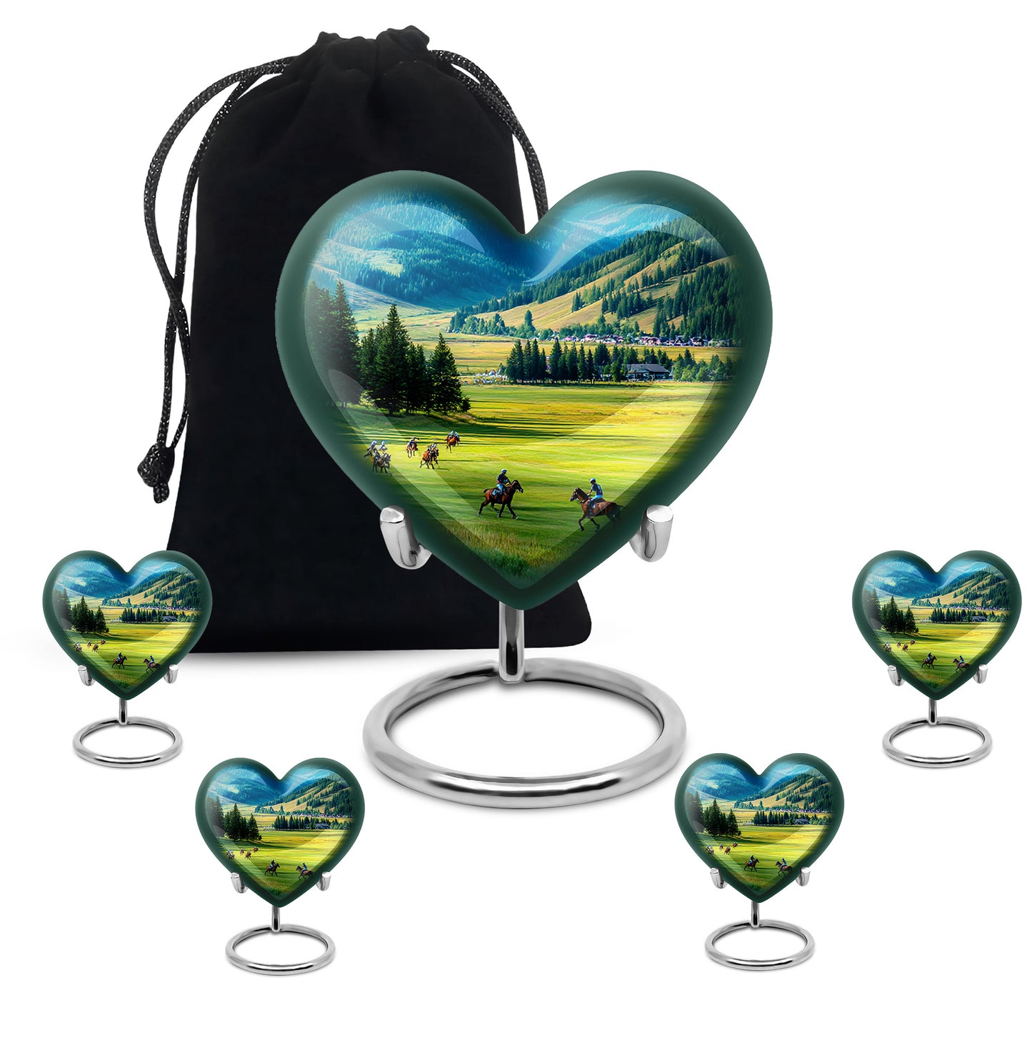 Vivid Blue Horse Polo Cremation Urn close-up of engraving and surface detail - compassionate heart-horse polo combination with gentle curves - memorial set with one large and four small urns