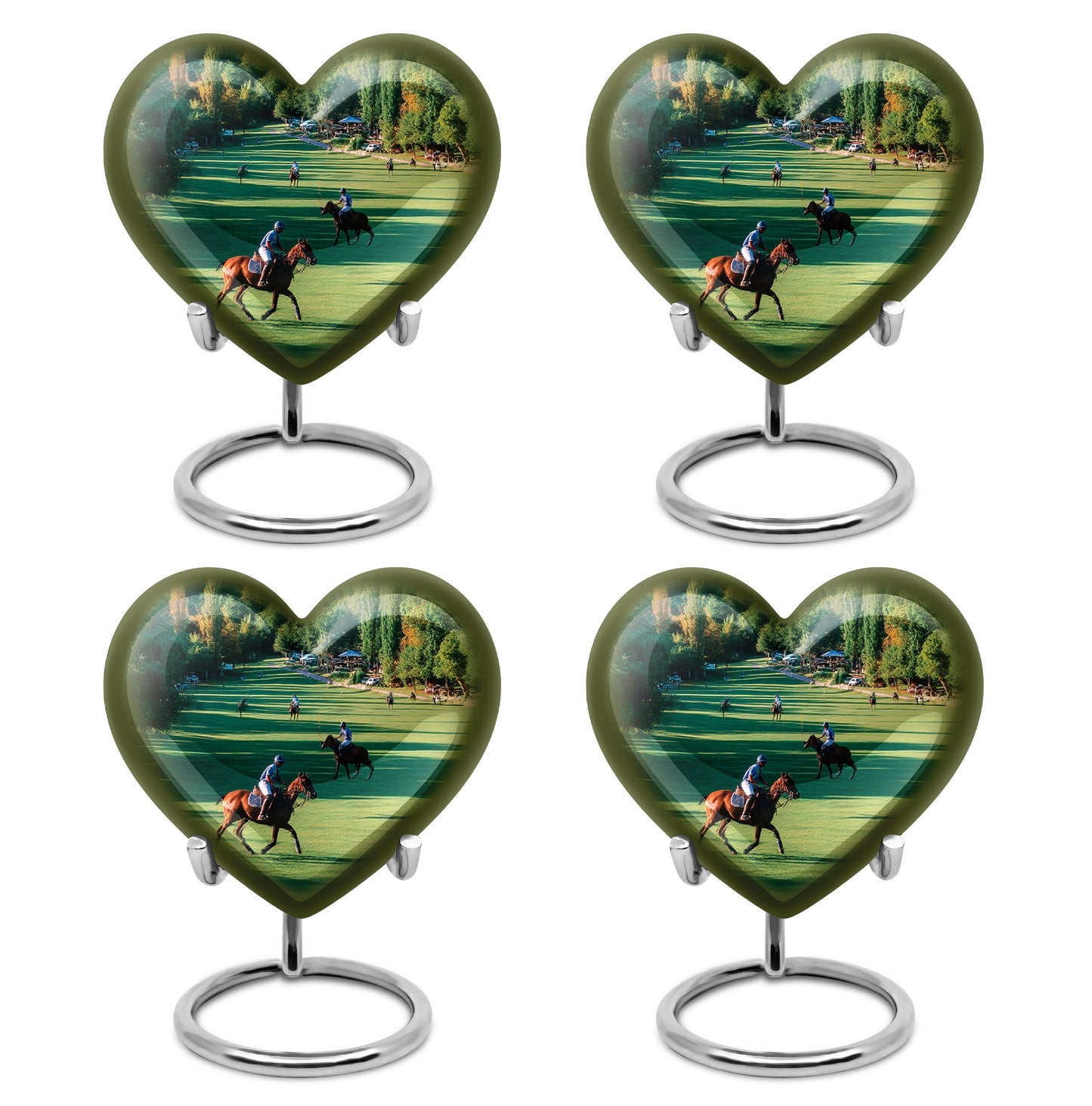Jade Green Horse Polo Cremation Urn angled view of lid and engraved motif - loving heart memorial featuring horse polo pattern - 10 inch aluminum urn for cremated remains