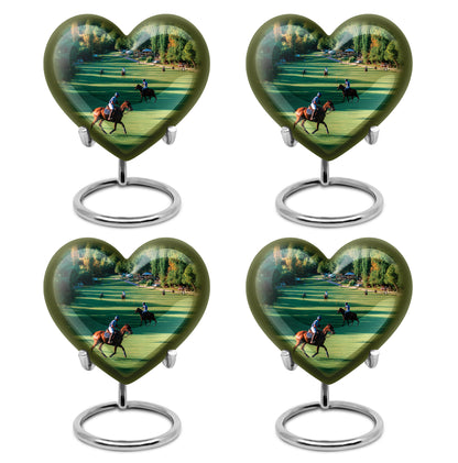 Jade Green Horse Polo Cremation Urn angled view of lid and engraved motif - loving heart memorial featuring horse polo pattern - 10 inch aluminum urn for cremated remains