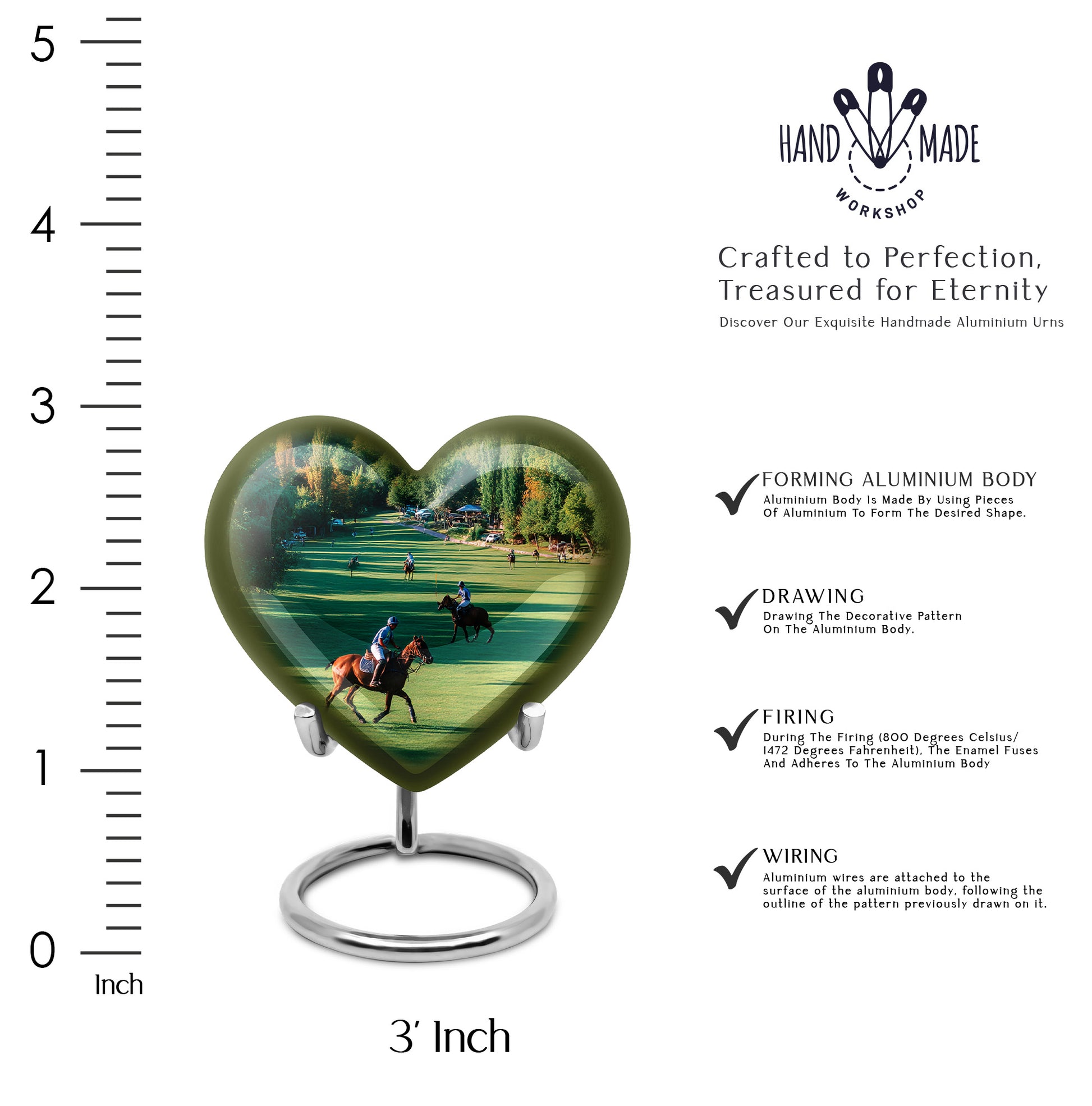 Forest Green Horse Polo Cremation Urn front view showing detailed design - compassionate heart-horse polo combination with gentle curves - mini keepsake memorial for portion of cremation ashes