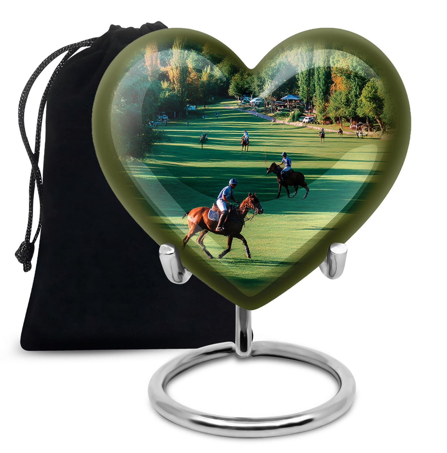 Sage Green Horse Polo Cremation Urn detail view - loving heart memorial featuring horse polo pattern - full-size 10 inch 200 cubic inch adult cremation urn