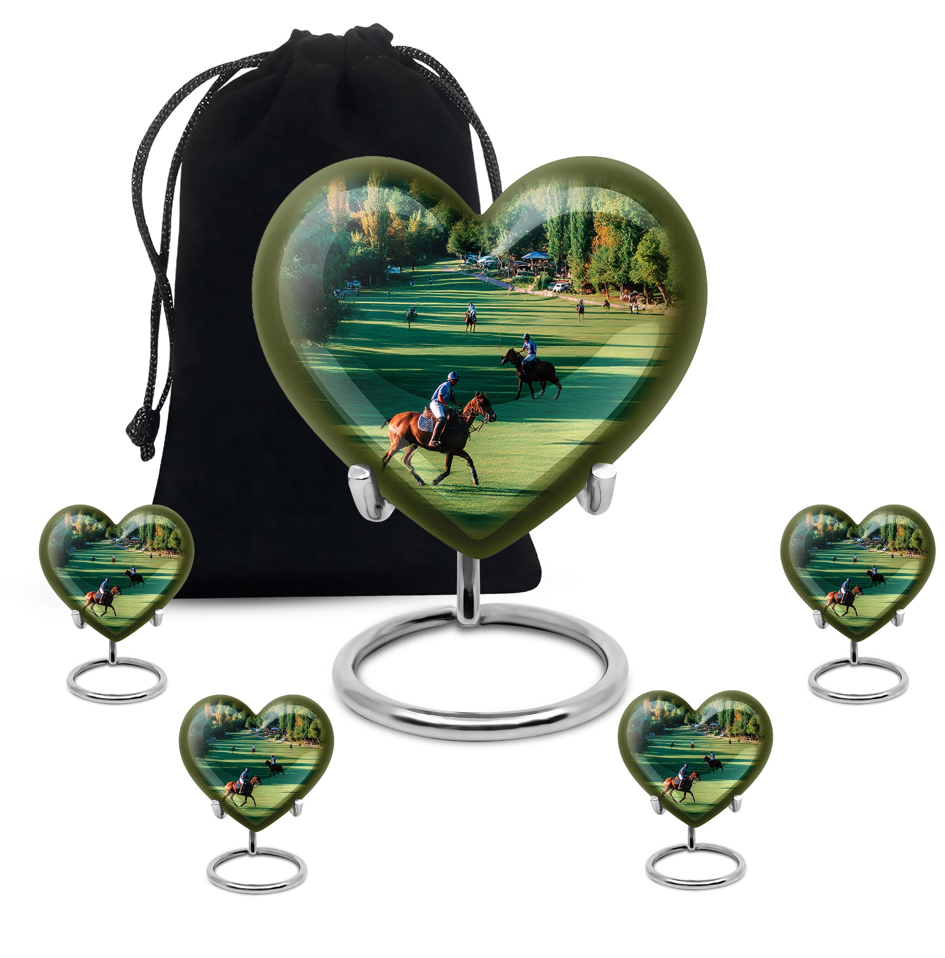 Jade Green Horse Polo Cremation Urn close-up of engraving and surface detail - loving heart memorial featuring horse polo pattern - memorial set with one large and four small urns
