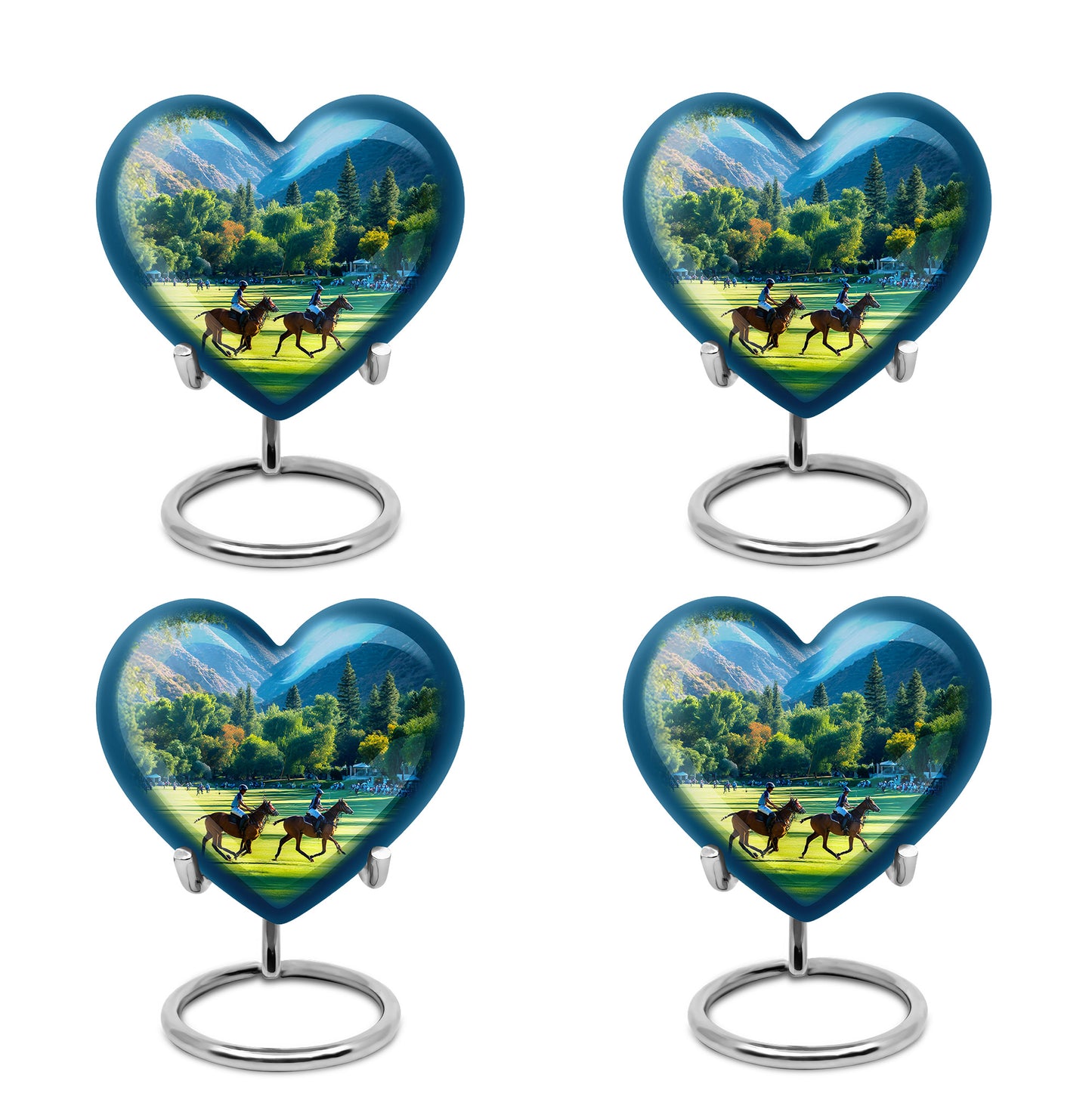 Ocean Teal Horse Polo Cremation Urn angled view of lid and engraved motif - heart-shaped horse polo design symbolizing eternal love - 10 inch aluminum urn for cremated remains