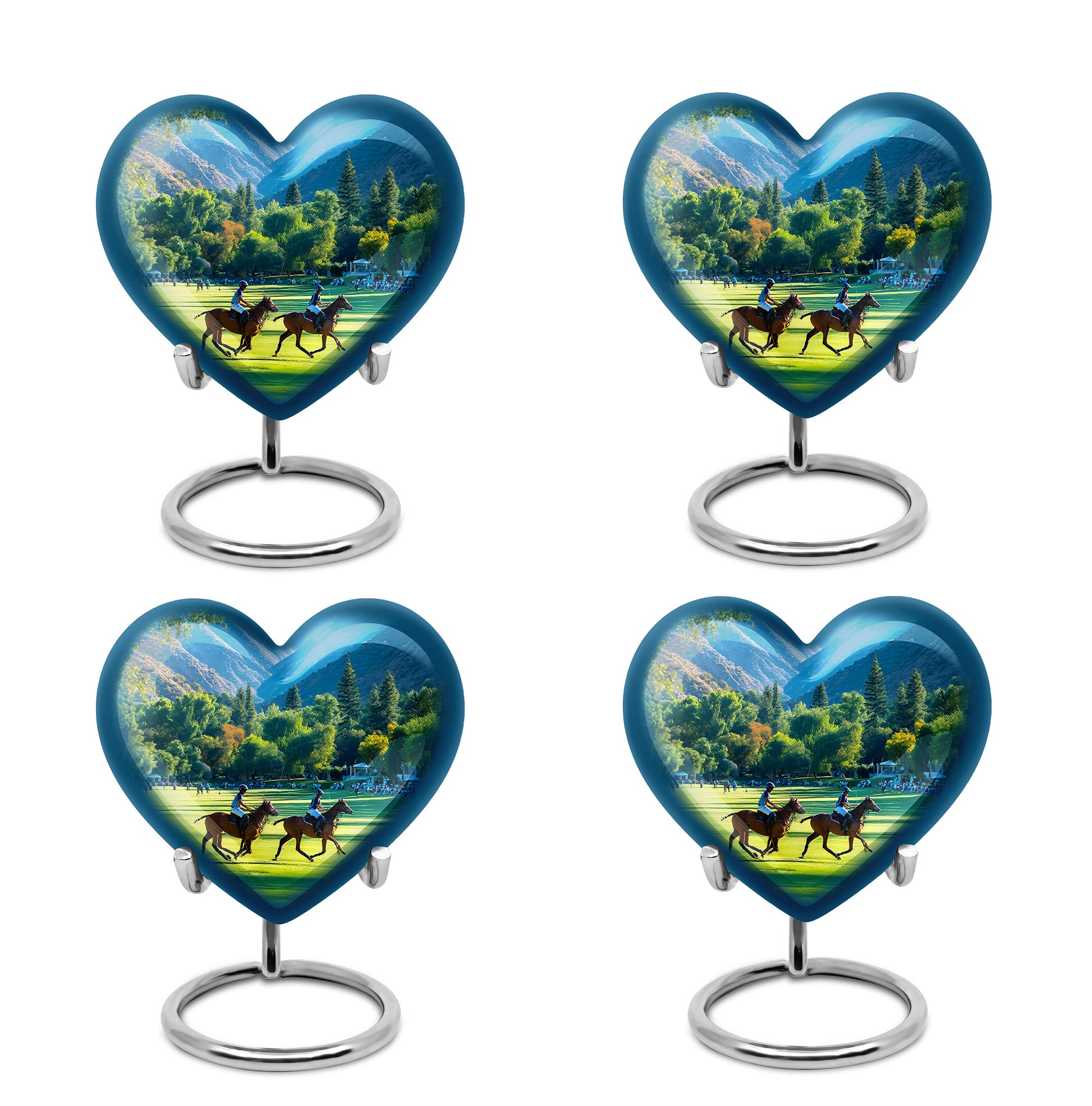 Ocean Teal Horse Polo Cremation Urn angled view of lid and engraved motif - heart-shaped horse polo design symbolizing eternal love - 10 inch aluminum urn for cremated remains