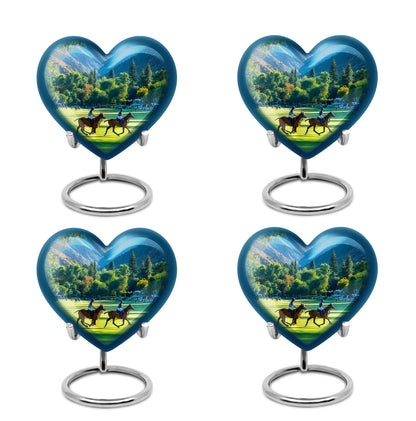 Ocean Teal Horse Polo Cremation Urn angled view of lid and engraved motif - heart-shaped horse polo design symbolizing eternal love - 10 inch aluminum urn for cremated remains