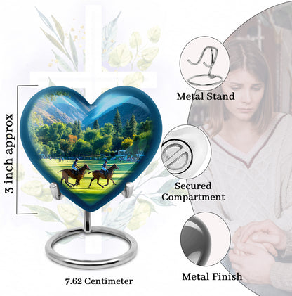 Mystic Teal Horse Polo Cremation Urn front view showing detailed design - romantic heart urn with horse polo motif on aluminum - mini keepsake memorial for portion of cremation ashes