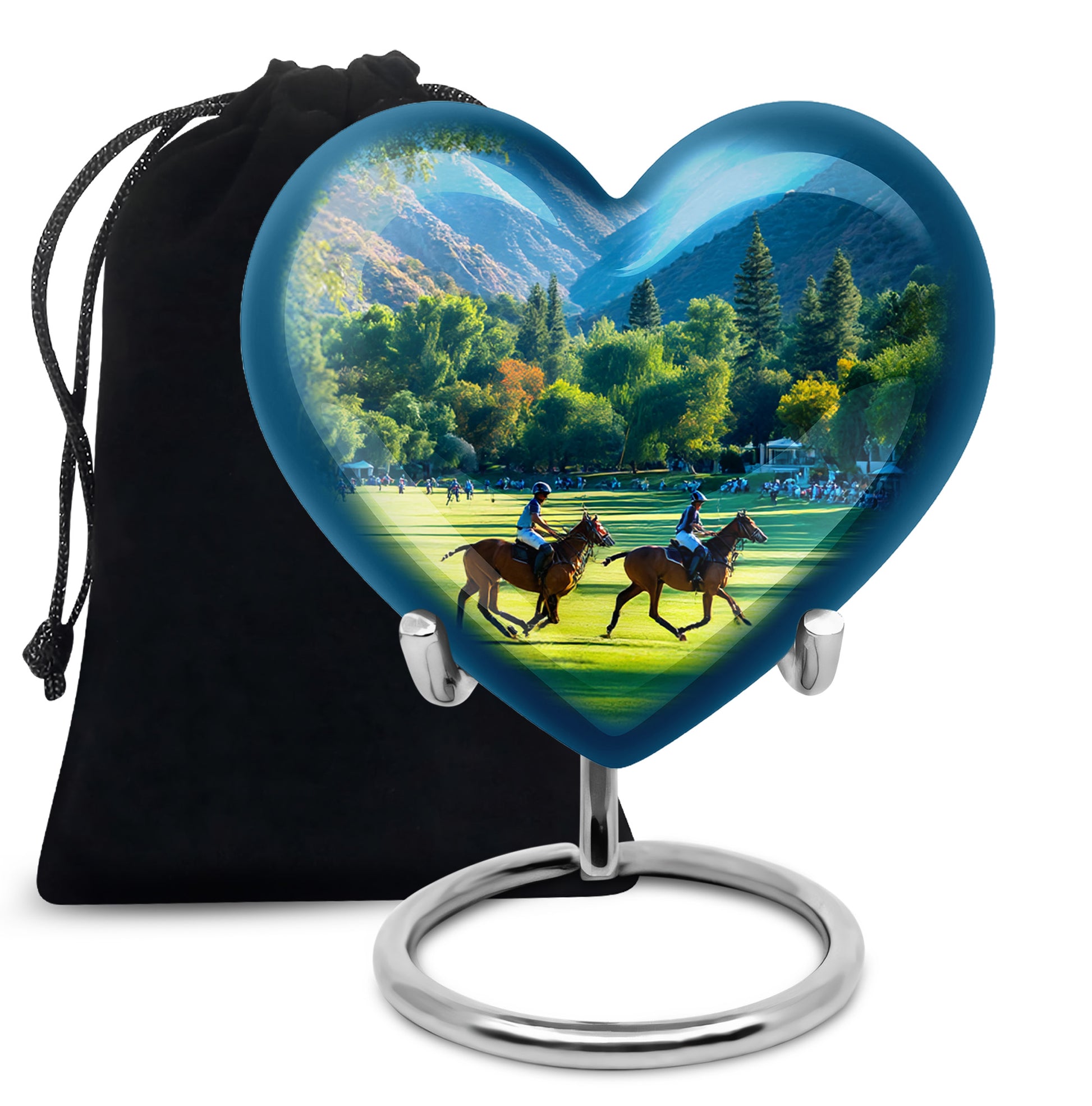 Jewel Teal Horse Polo Cremation Urn detail view - loving heart memorial featuring horse polo pattern - full-size 10 inch 200 cubic inch adult cremation urn