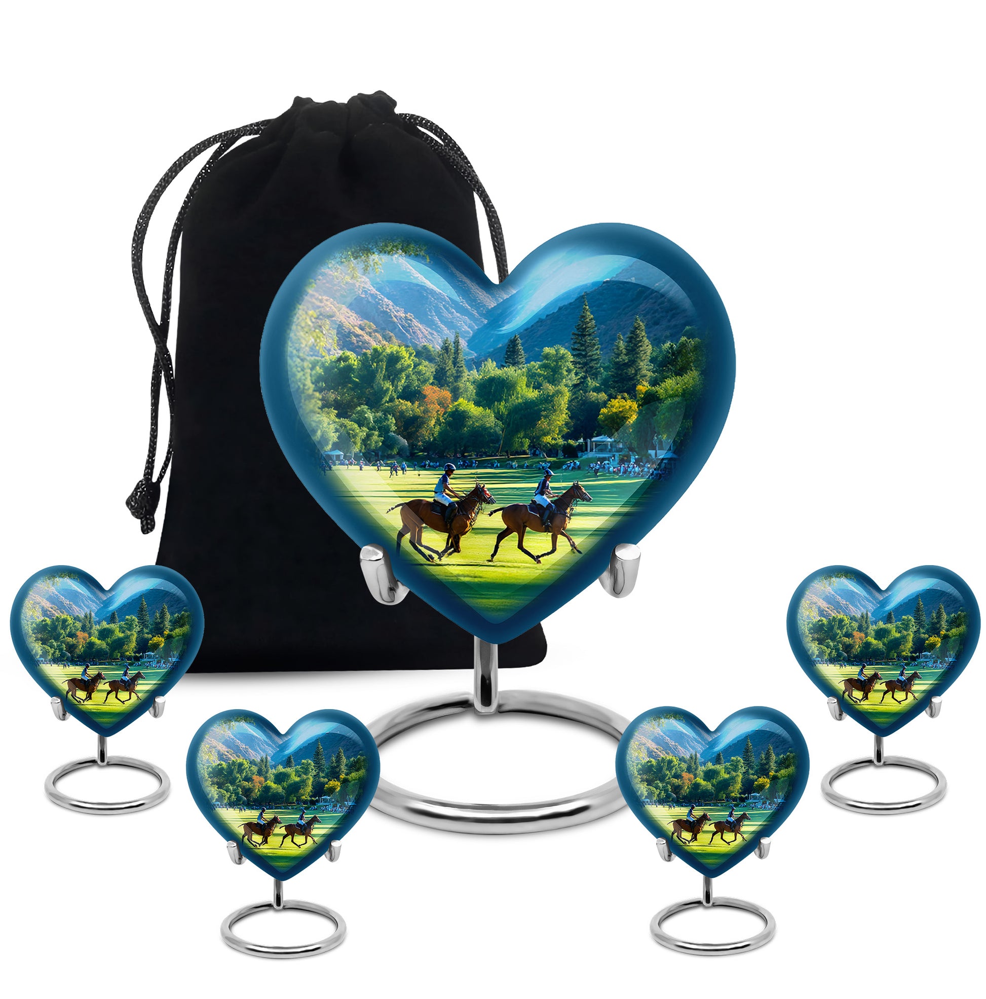 Soft Teal Horse Polo Cremation Urn close-up of engraving and surface detail - heart-shaped horse polo design symbolizing eternal love - memorial set with one large and four small urns