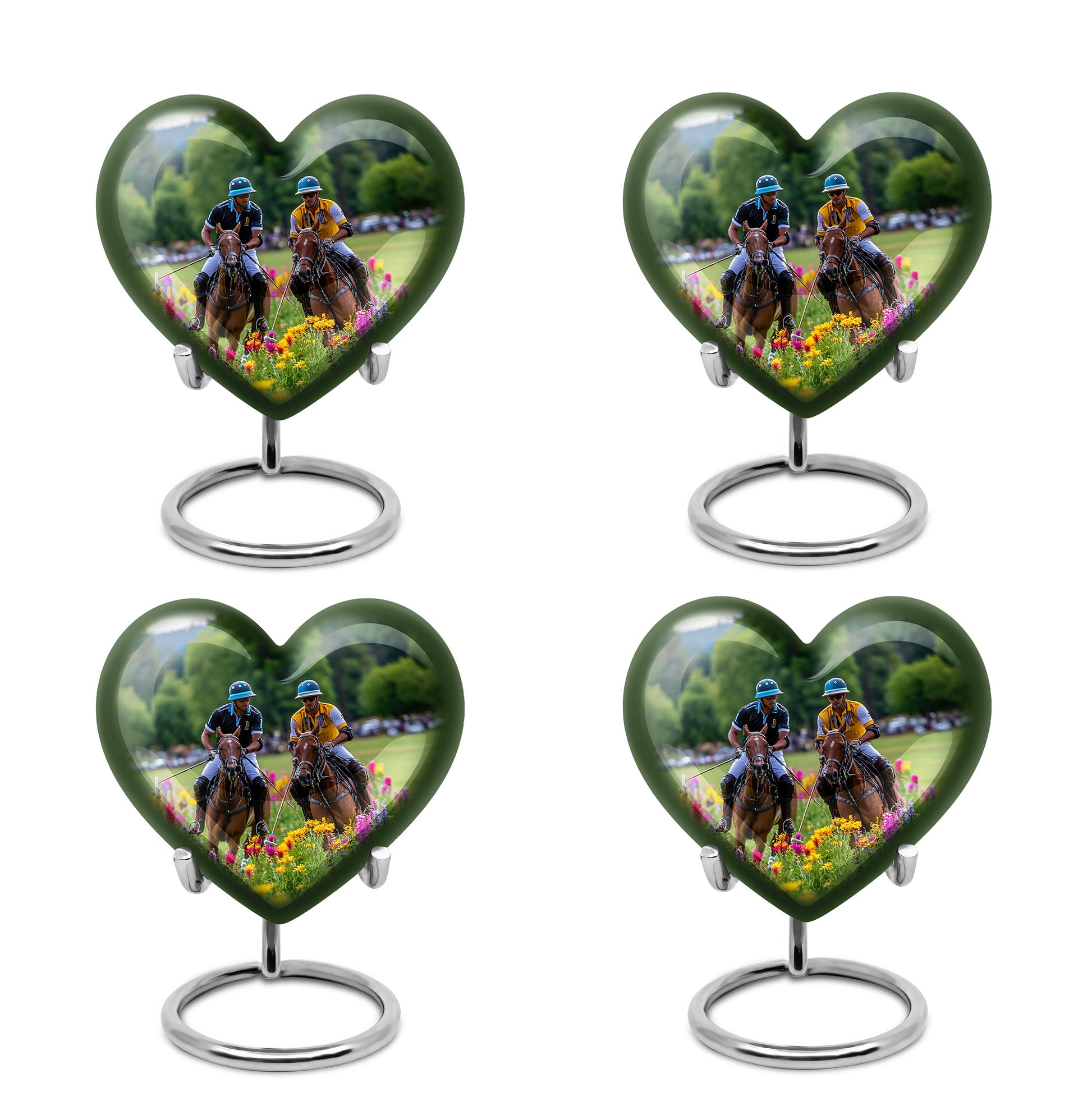 Silver Gray Horse Polo Cremation Urn angled view of lid and engraved motif - loving heart memorial featuring horse polo pattern - 10 inch aluminum urn for cremated remains