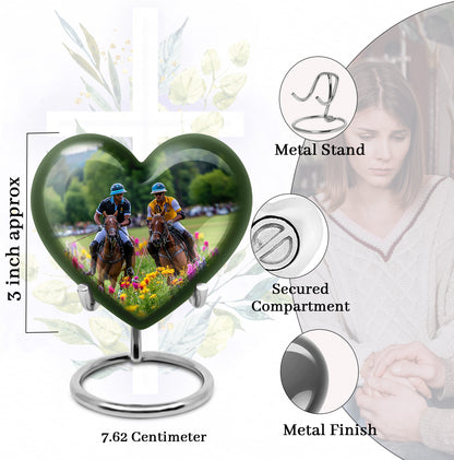 Smoke Gray Horse Polo Cremation Urn front view showing detailed design - compassionate heart-horse polo combination with gentle curves - mini keepsake memorial for portion of cremation ashes