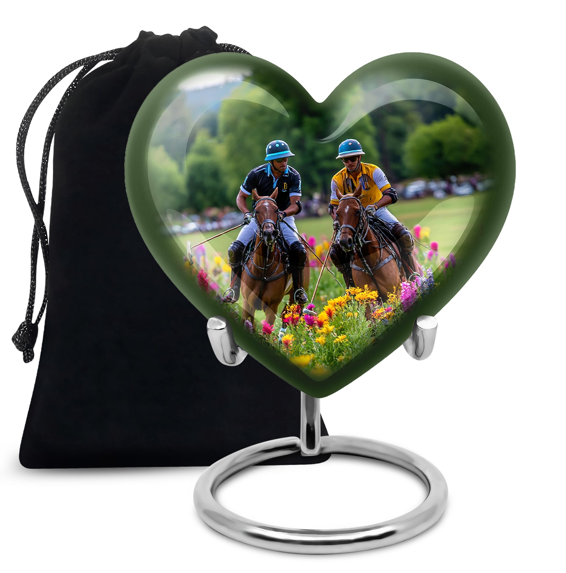 Pewter Gray Horse Polo Cremation Urn detail view - loving heart memorial featuring horse polo pattern - full-size 10 inch 200 cubic inch adult cremation urn